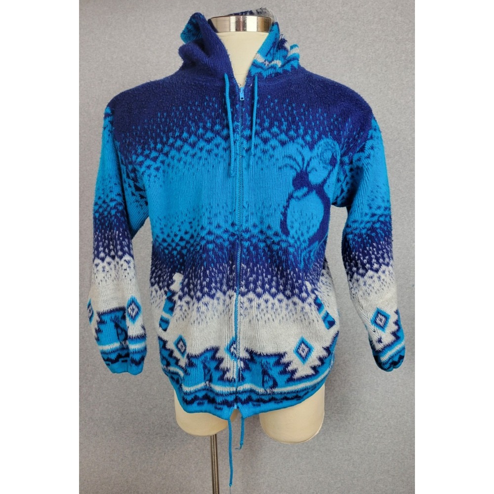 Artesanias Tuntaquimba Blue‎ Wool Eduadorian Hoodie Sweater Kokopelli Large
